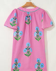 Floral Short Sleeve Split Neck Mini Dress