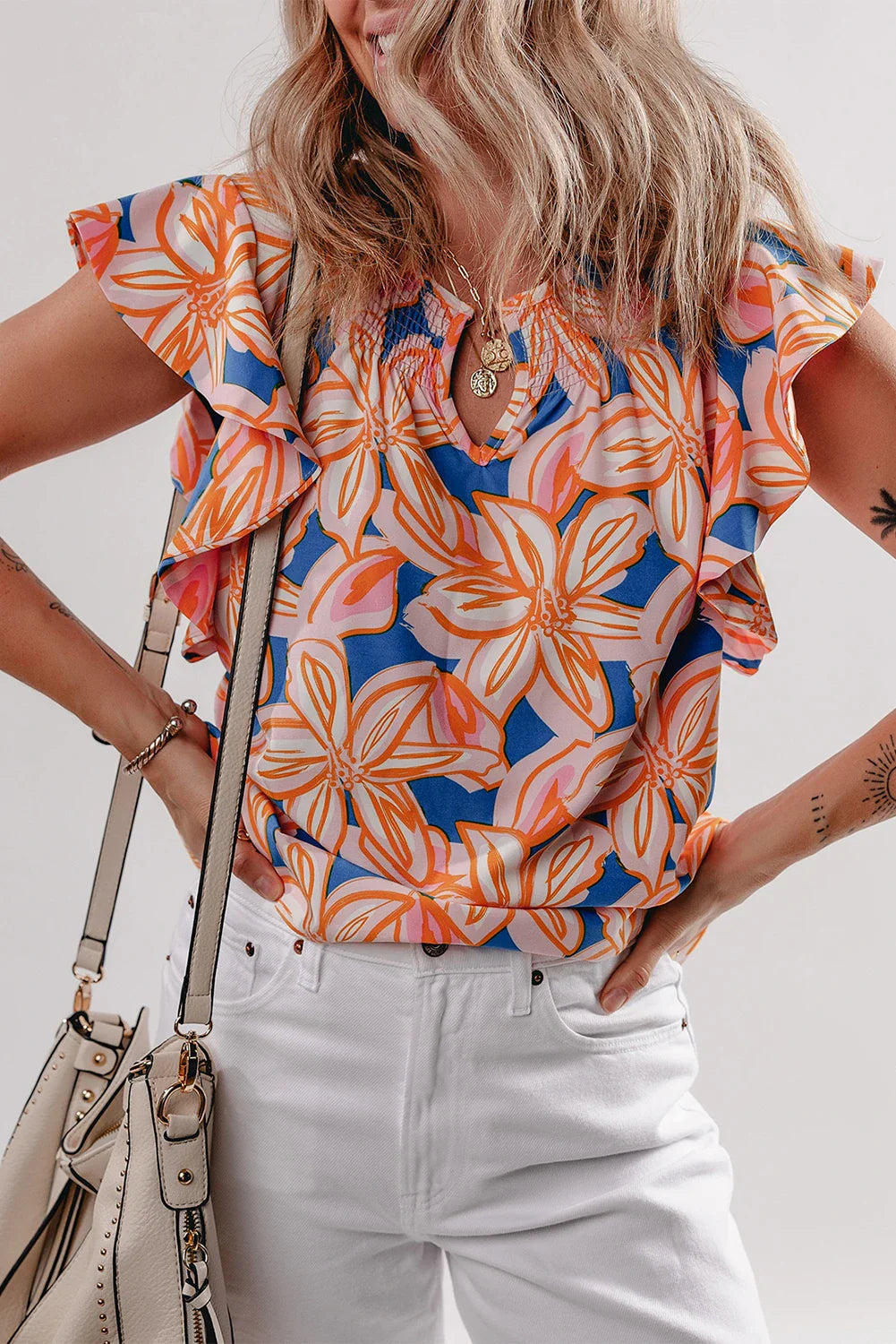 Flower Notch Neck Ruffle Sleeve Blouse