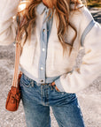 Solid Contrast Trim Buttoned Sherpa Jacket