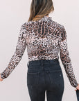 Leopard Mesh Smocked Neck Long Sleeve Bodysuit