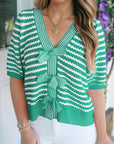 Stripe Bow Tie V-Neck Short Sleeve Sweater