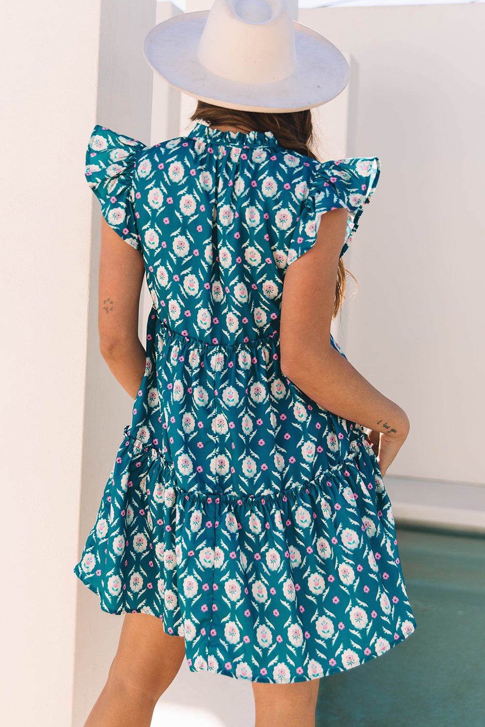 Sierra Retro Floral Ruffle Short Sleeve Dress