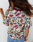 Floral Contrast V-Neck Puff Sleeve Blouse