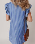 Leah Stripe Frilly Split Neck Shirred Ruffle Sleeve Dress