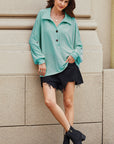 Corded Knit Roll-Up Sleeve Collared Henley Top