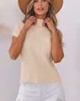 Solid Ribbed Knit Patch Pocket Short Sleeve Sweater