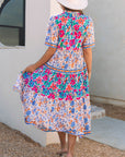 Floral Tie Split Neck Short Sleeve Dress