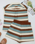 Stripe Polo Collar Tee and Patchwork Shorts Set