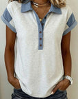 Denim Colorblock Patchwork Shirt Collar Blouse