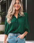 Solid Frilled Bow Tie V-Neck 3/4 Sleeve Blouse