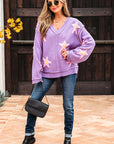 Star Textured V-Neck Drop Shoulder Oversized Sweater