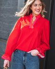 Stripe Trim Ruffle Split Neck Long Sleeve Blouse