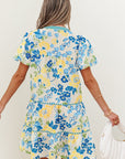 Floral Stripe Trim Puff Short Sleeve Dress