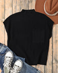 Solid Ribbed Knit Patch Pocket Short Sleeve Sweater