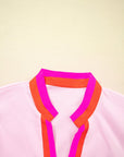 Contrast Stripe V-Neck Short Puff Sleeve Blouse