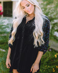 Velvet Sequin Puff Sleeve Buttoned Peplum Shirt