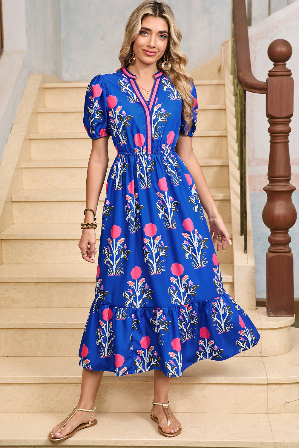 Floral Ruffle Hem Pop of Color Neckline Dress