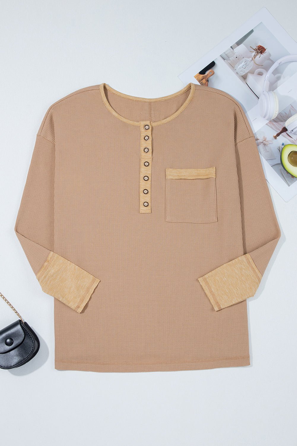 Blake Waffle Textured Tunic Henley Top with Slits