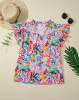 Floral Frilled Notch Neck Ruffle Sleeve Blouse