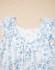 Floral Bow-Back Square Neck Ruffle Sleeve Blouse