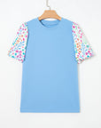 Floral Patchwork Bubble Sleeve Textured Blouse