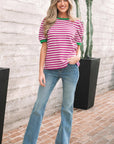 Stripe Contrast Trim Short Puff Sleeve Tee