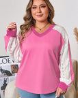 Bonbon Lace Striped Patchwork Long Sleeve Corded V Neck Plus Size Top