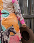 Baha Ranch Retro Pop Western Desert Cowboy Button Up Shirt Dress Duster
