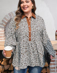 Plus Size Leopard Contrast Trim Puff Sleeve Blouse