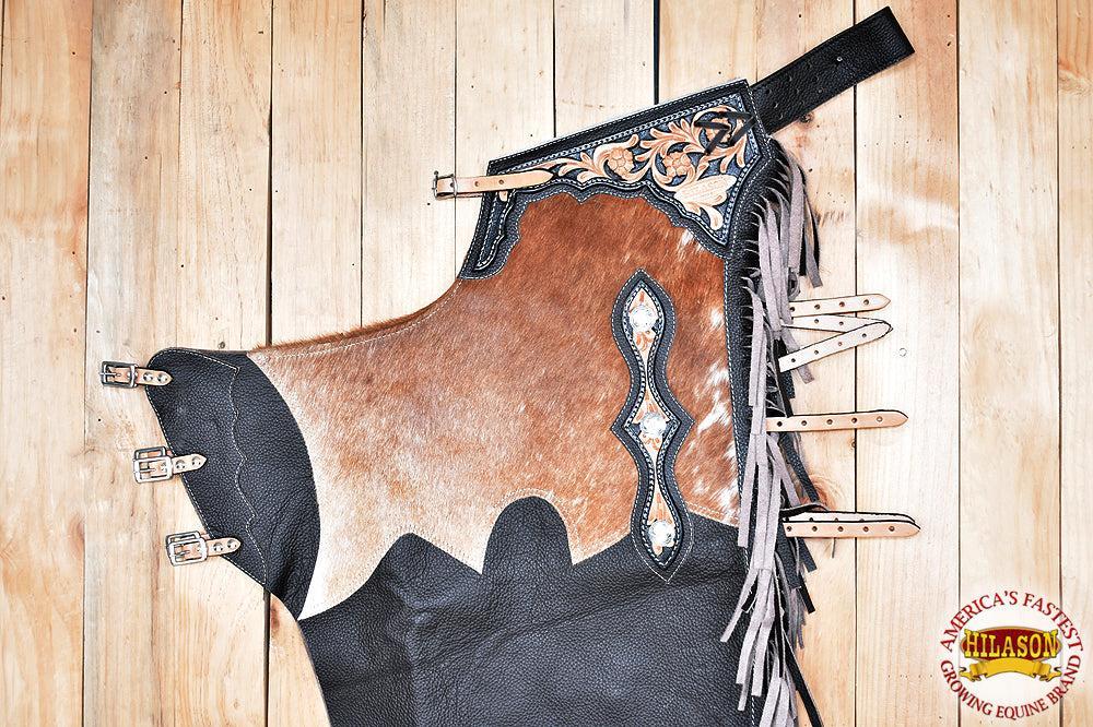 Hilason Western Adult Pro Rodeo Bronc Bull-Riding Leather Chinks Chaps Black