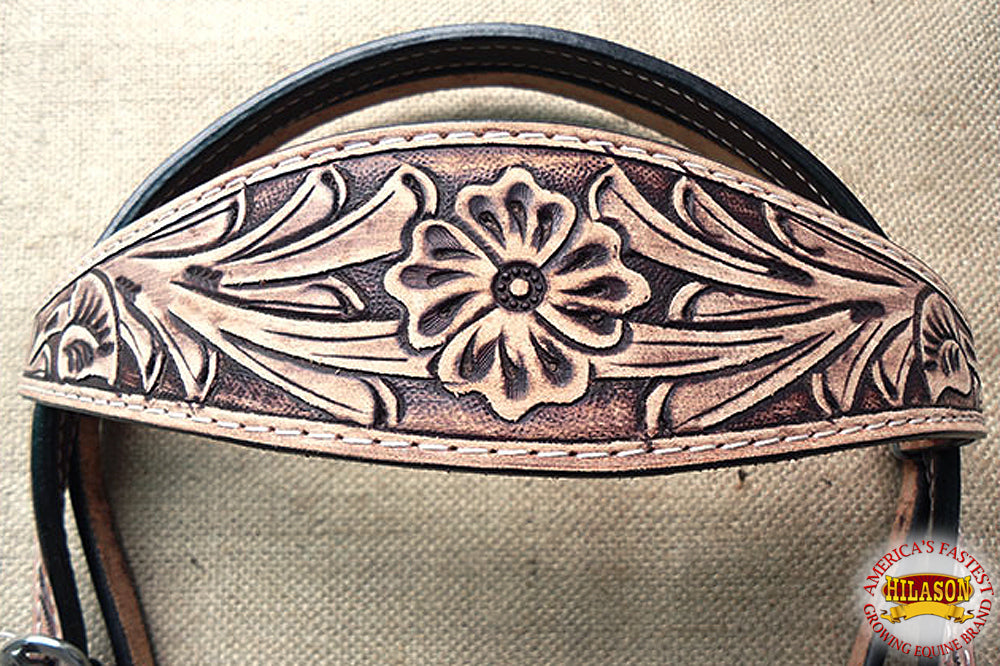 HILASON Western Horse Leather Headstall &amp; Breast Collar Set Floral Roughout Dark Brown