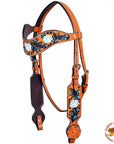 Hilason Western Horse Headstall Bridle American Leather Tan Floral Black Inlay