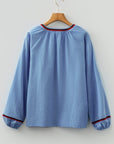 Floral Embroidered Tassel-Tie Puff Sleeve Blouse