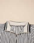 Stripe Half Zip Polo Collar Puff Sleeve Blouse