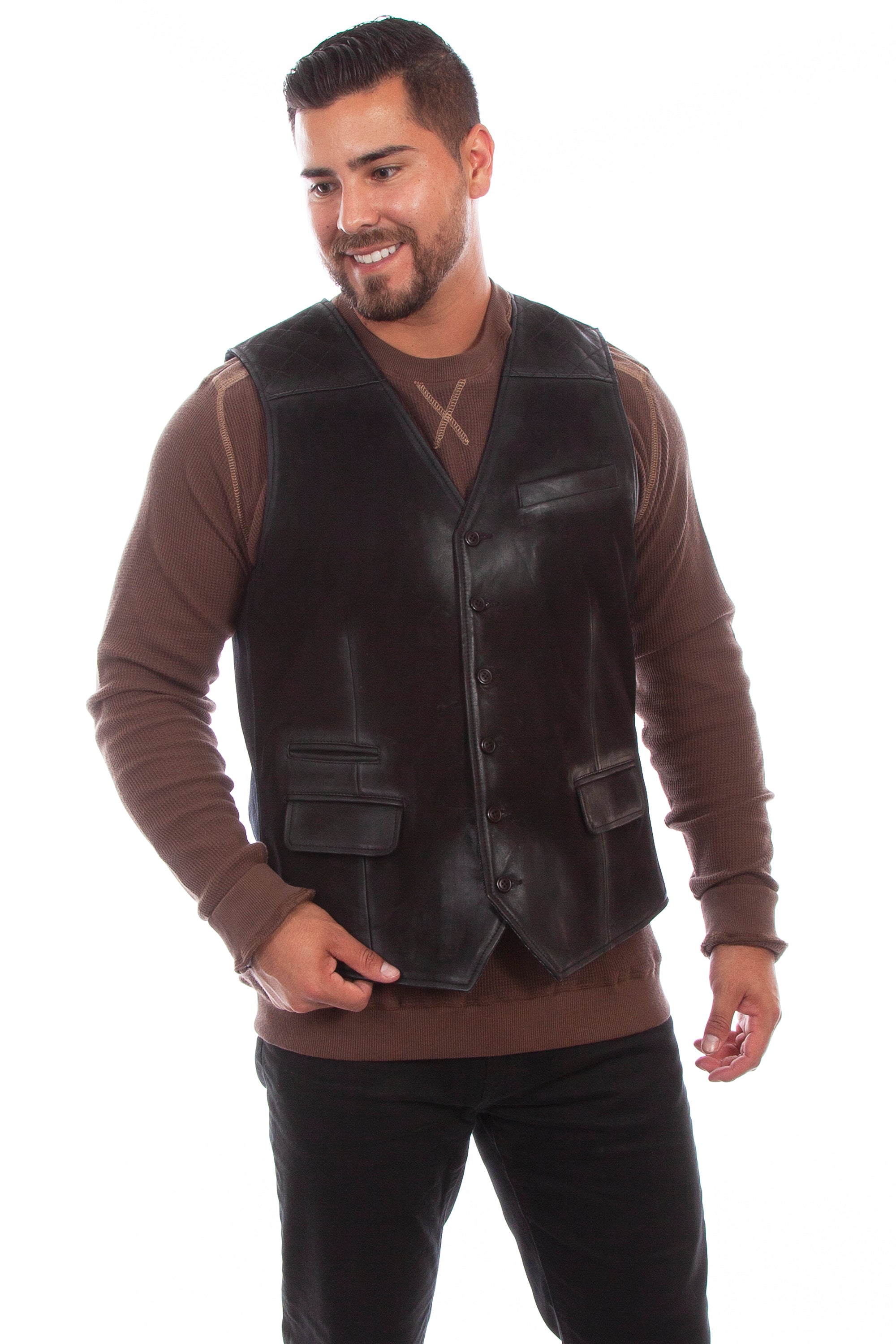 Leather W/denim Vest - 1058
