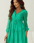 Solid Frilly V-Neck Puff Sleeve Mini Dress
