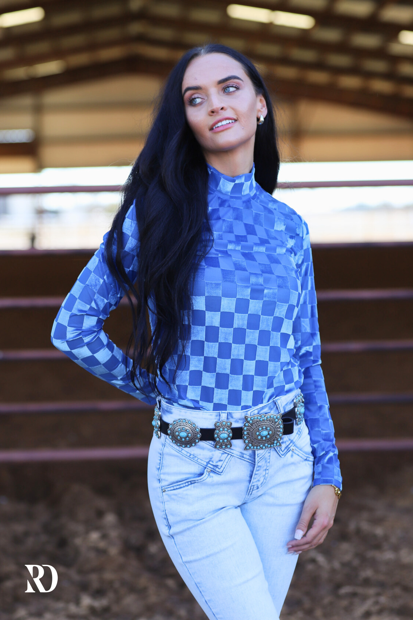 BLUE CHECKERED VELVET BURNOUT LAYERING TOP