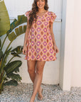 Geometric Floral V-Neck Button-Front Mini Dress
