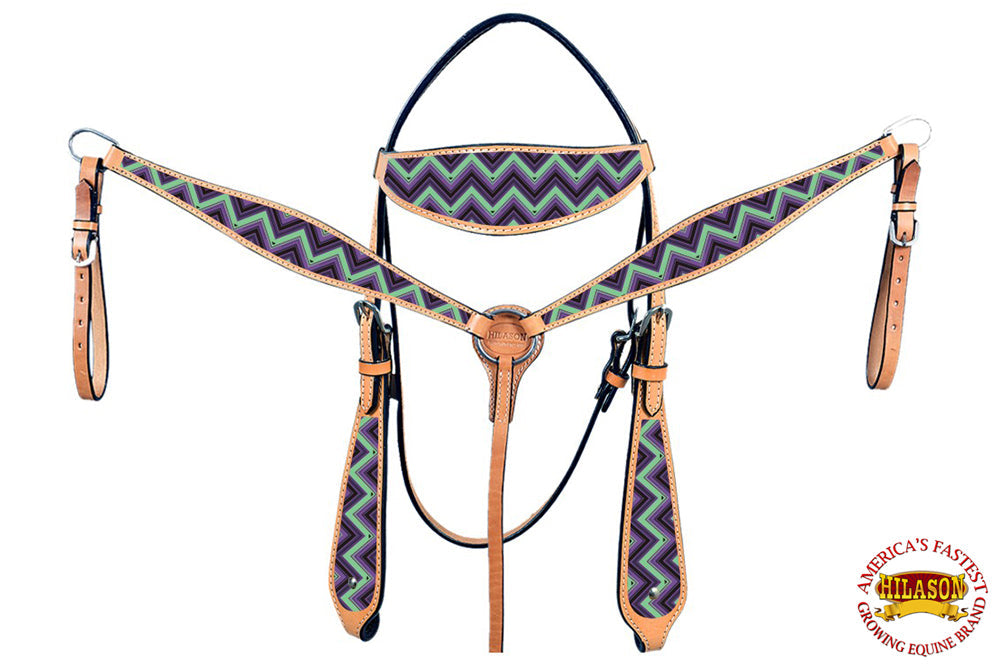 HILASON Western Horse Leather Headstall &amp; Breast Collar Tack Set Chevron