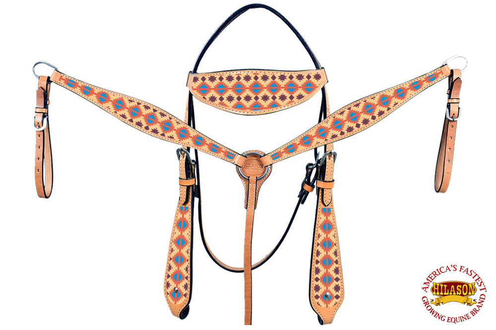 HILASON Western Horse Leather Headstall &amp; Breast Collar Tack Set Aztec