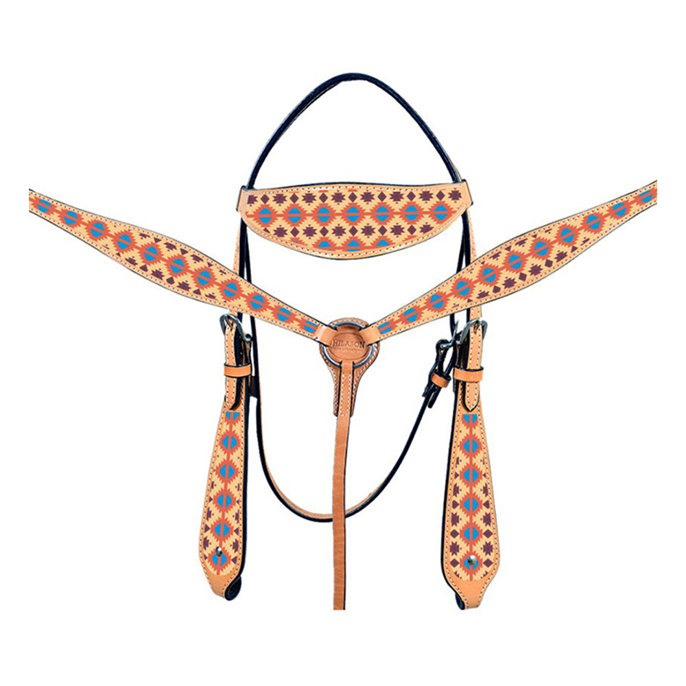 HILASON Western Horse Leather Headstall &amp; Breast Collar Tack Set Aztec