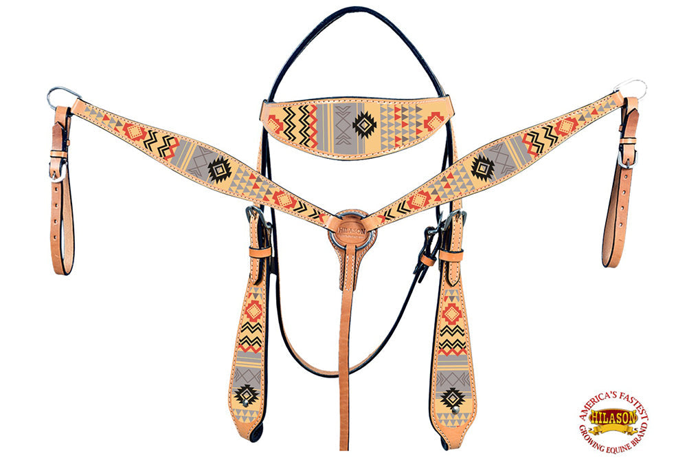 HILASON Western Horse Leather Headstall &amp; Breast Collar Tack Set Crimson Aztec