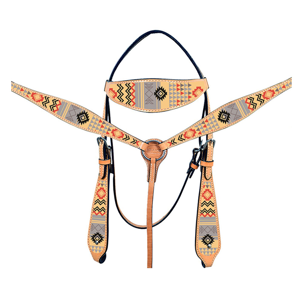 HILASON Western Horse Leather Headstall &amp; Breast Collar Tack Set Crimson Aztec