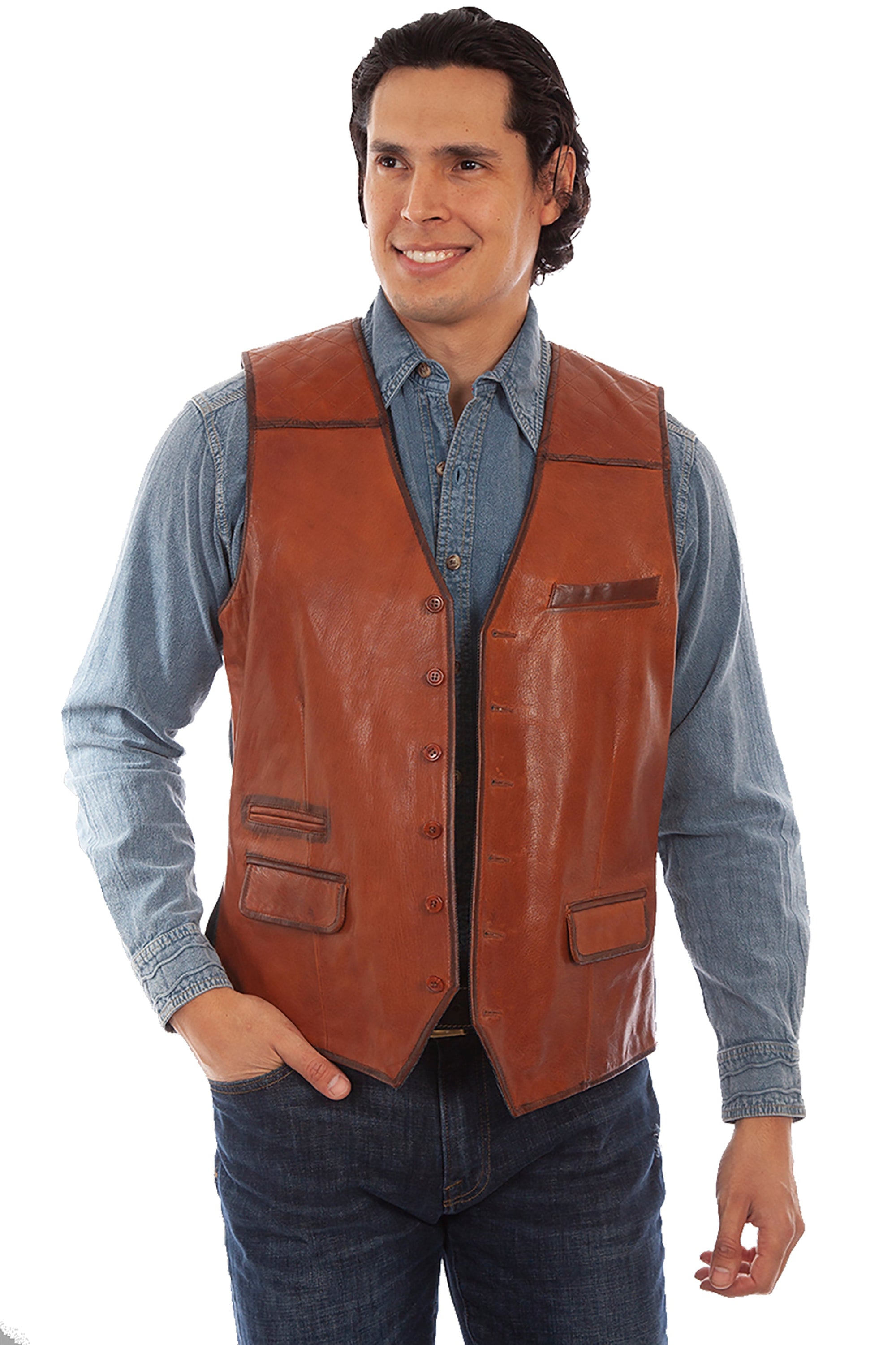 Leather W/denim Vest - 1091