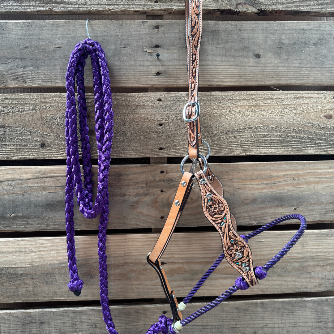 Purple Floral Tooled Lariat &amp; Leather Combo Halter