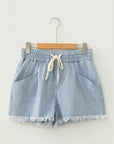 Stripe Denim Raw Edge Drawstring Waist Shorts