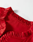 Solid Frilled Bow Tie V-Neck 3/4 Sleeve Blouse