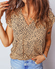 Cheetah Frilled V-Neck Short Sleeve Blouse