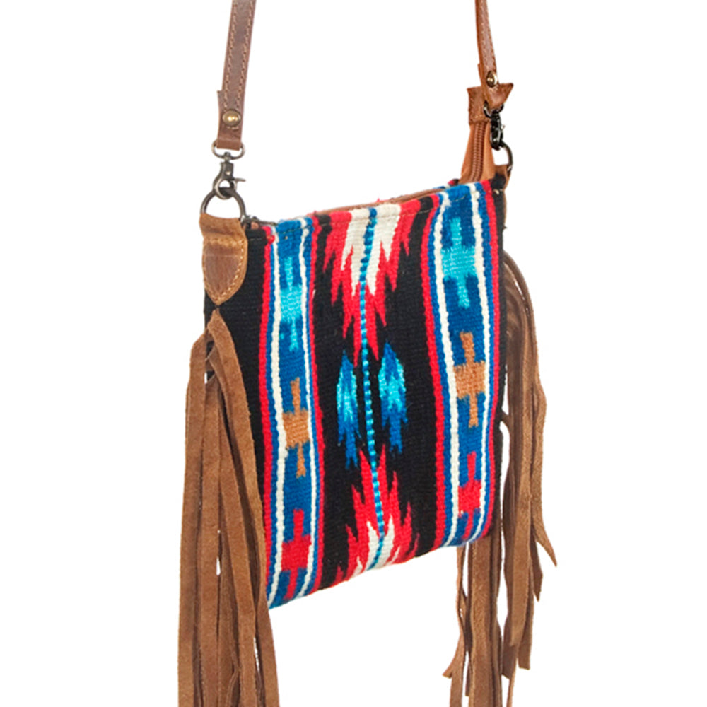 American Darling Cross body Bag Handcrafted from Hand Woven Saddle Blanket &amp; Genuine Leather with Fringes and YKK Zipper