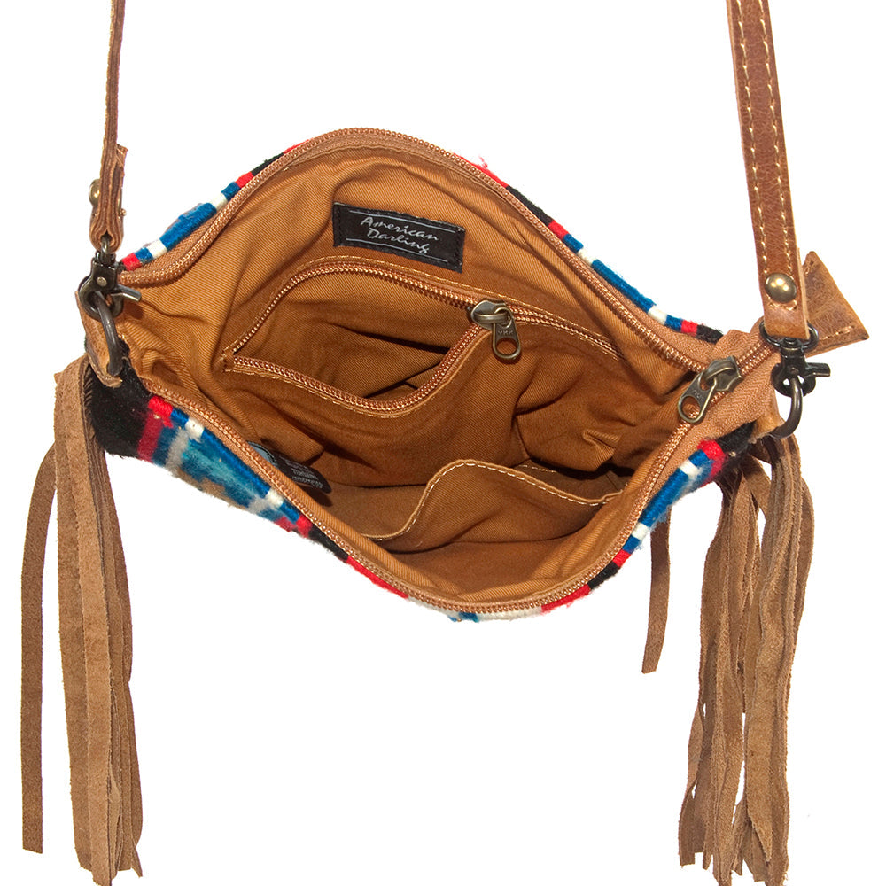 American Darling Cross body Bag Handcrafted from Hand Woven Saddle Blanket &amp; Genuine Leather with Fringes and YKK Zipper
